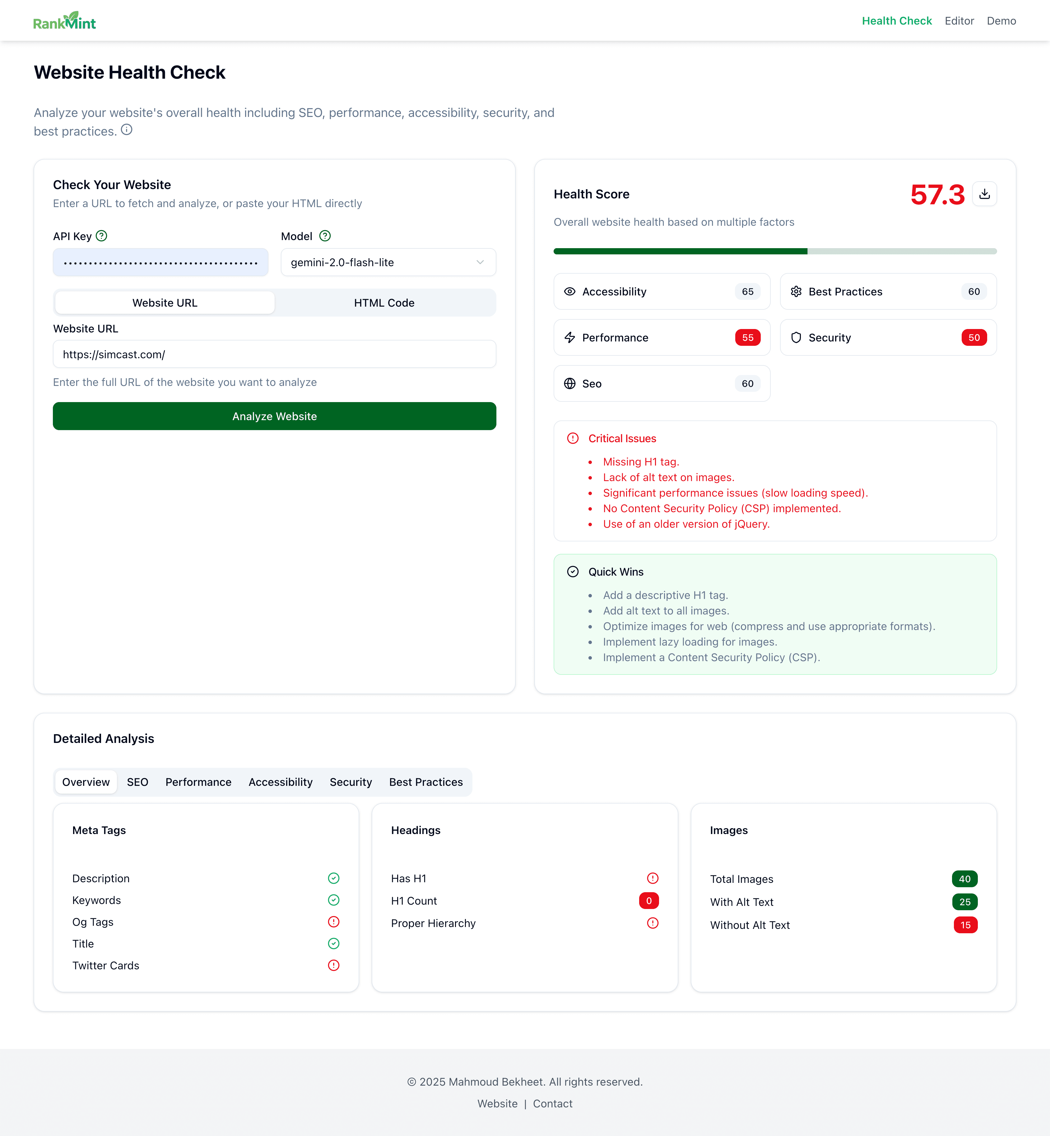 Screenshot of the RankMint SEO analysis interface, showing a website health score and category breakdown.